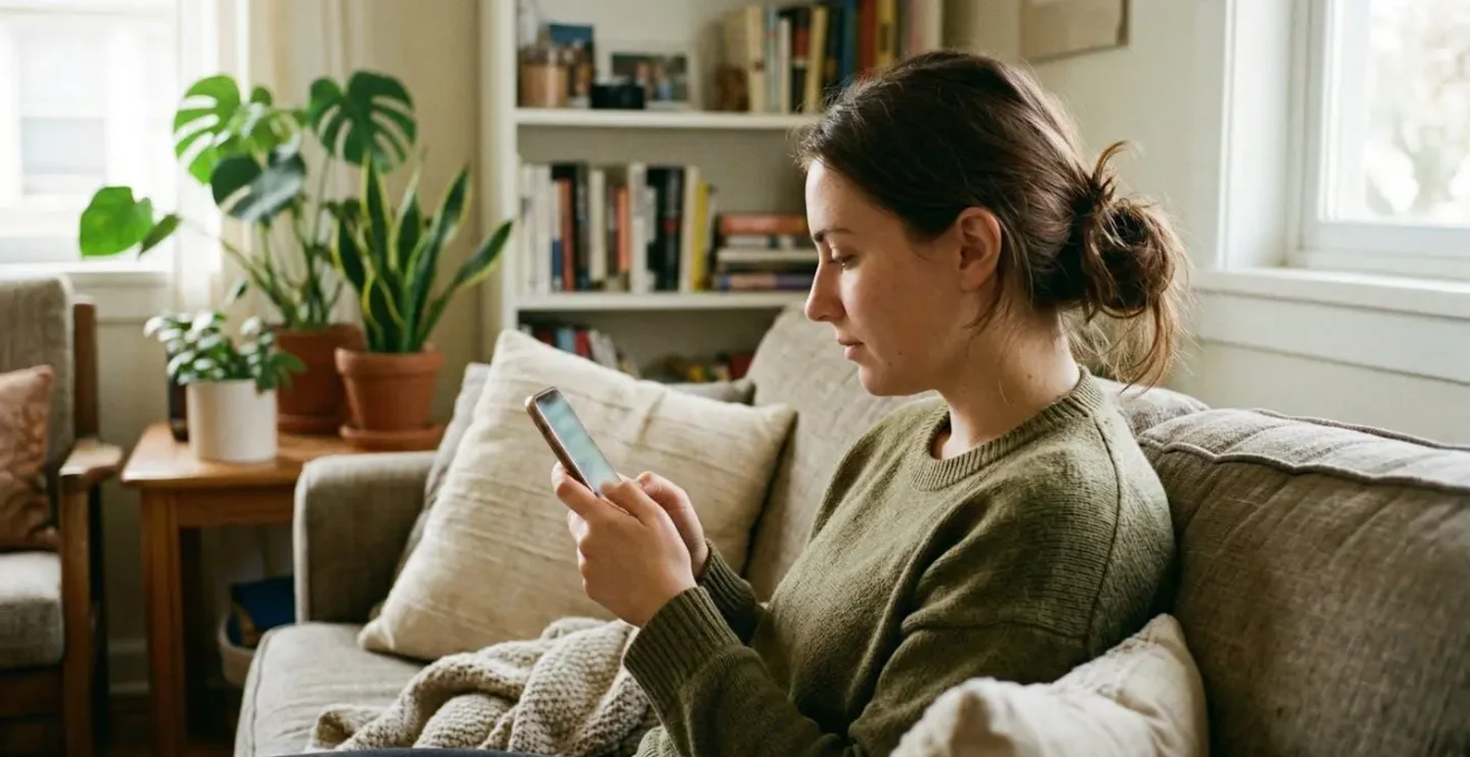 Une personne consulte son téléphone portable dans un salon lumineux, expression concentrée, écran non visible