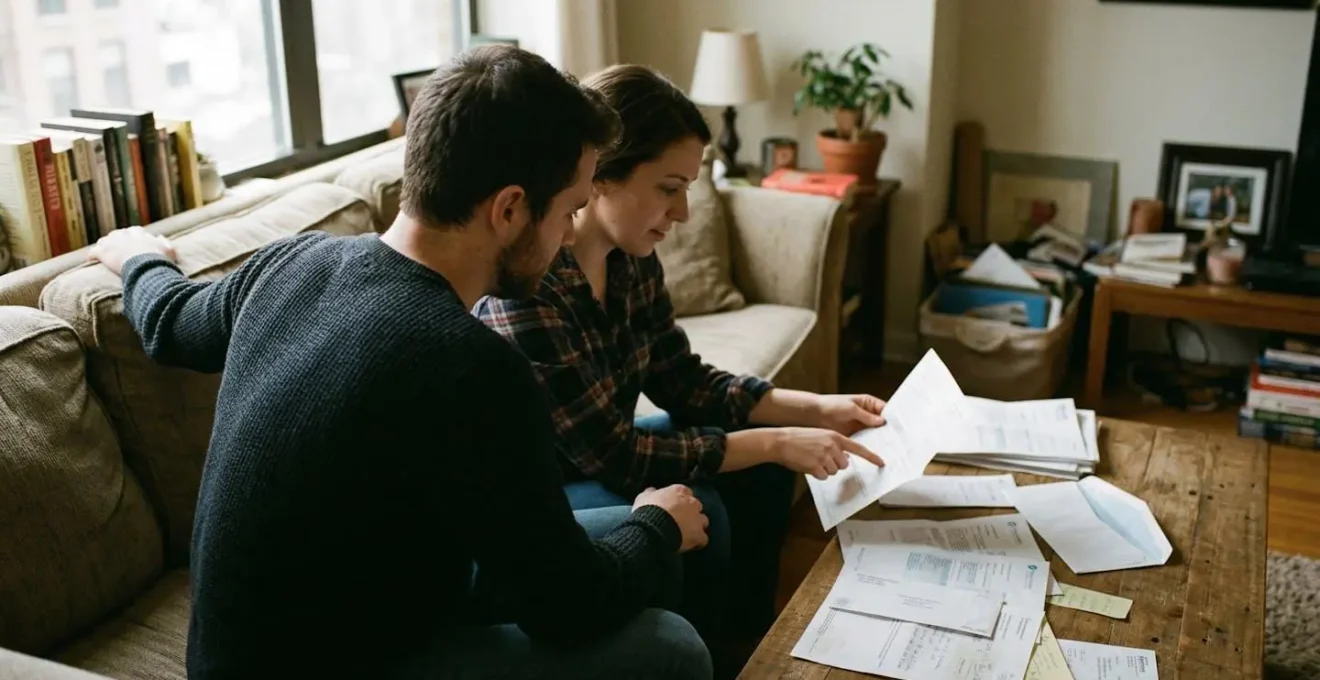 Un couple assis dans leur salon consulte des documents bancaires posés sur la table basse, éclairage naturel depuis la fenêtre