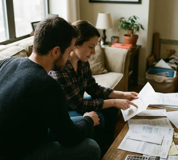 Un couple assis dans leur salon consulte des documents bancaires posés sur la table basse, éclairage naturel depuis la fenêtre