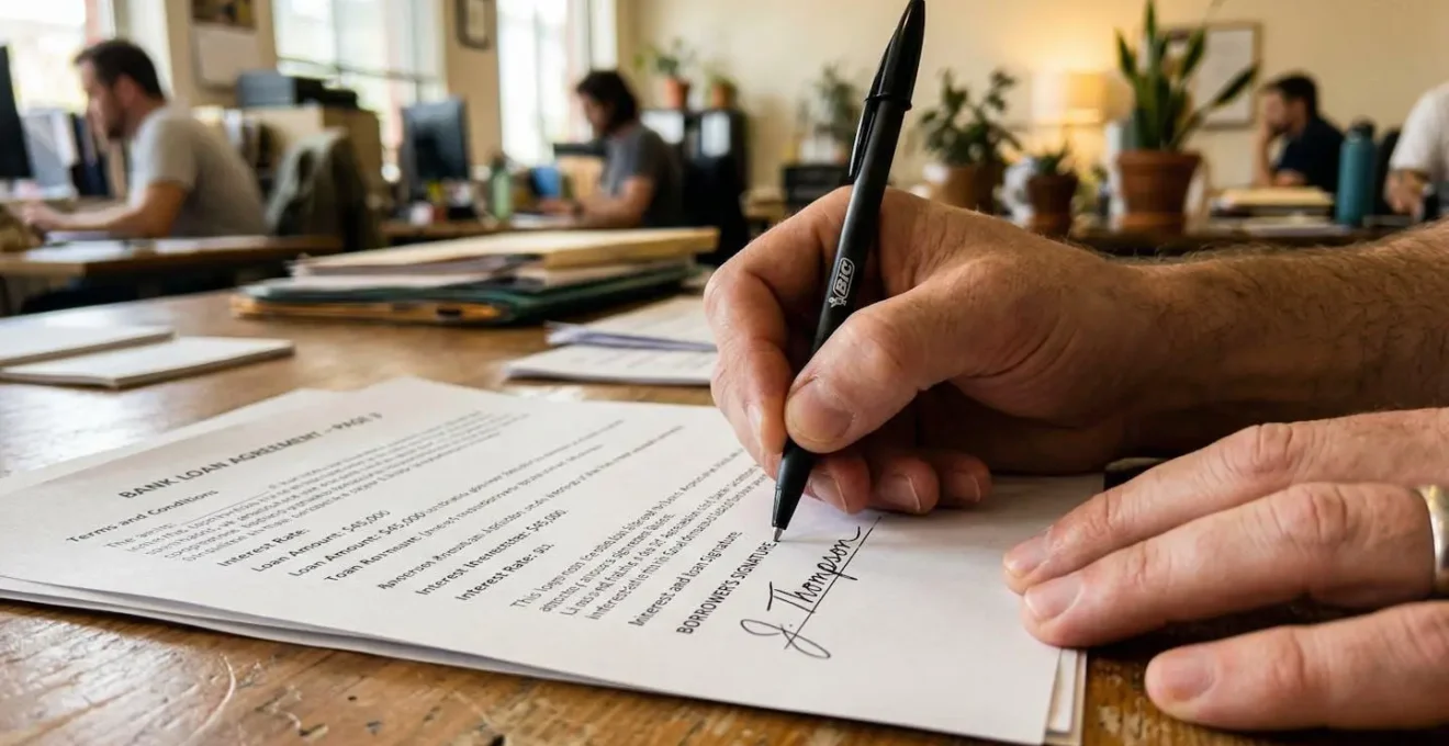 Les mains d'une personne signant des documents administratifs sur un bureau en bois, stylo et papiers visibles